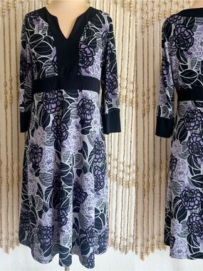 Apt. 9 Black Lavender Floral V-Neck Long Sleeve Business Casual Stretchy Midi L